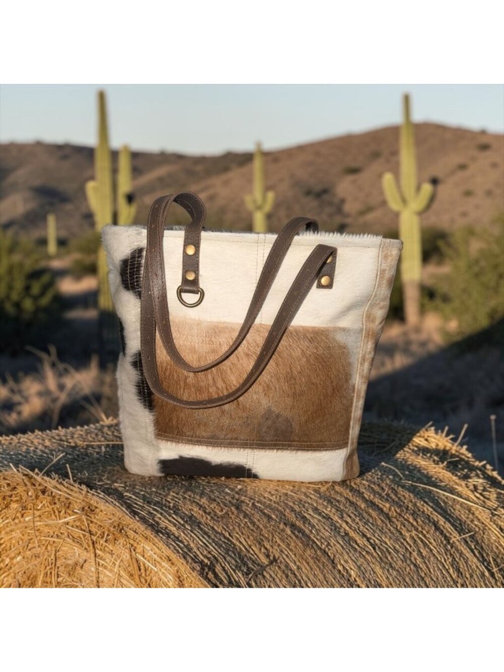 Myra Cowhide Hairon Front Pocket Tote Brown Patchwork Hair-on Hide Shoulder Bag